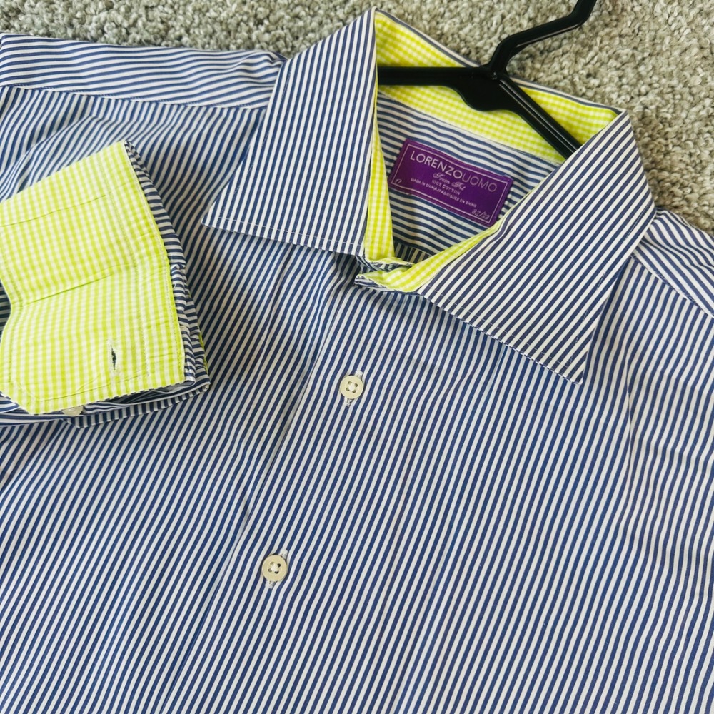 Lorenzo Uomo Dress Shirt Mens 17 32/33 Trim Fit Blue Stripe Cotton Office FLAW